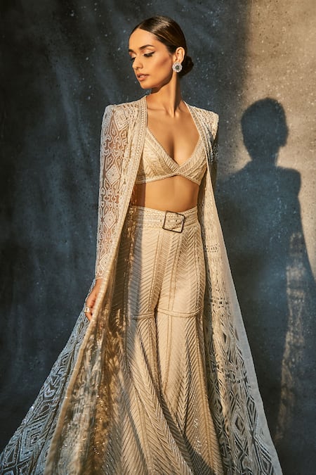 Buy Ritika Mirchandani Ivory Net Embroidery Bead Jacket Open Resham Sharara Set Online at Aza Fashions Buy_Ritika Mirchandani_Ivory Net Embroidery Bead Jacket Open Resham Sharara Set _Online_at_Aza_Fashions