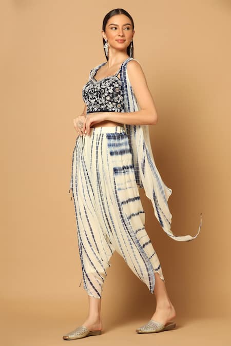 Shop_Two Sisters By Gyans_Blue Georgette Beads, Sequins Sweetheart Neck Tie Dye Cape And Dhoti Pant Set _Online_at_Aza_Fashions