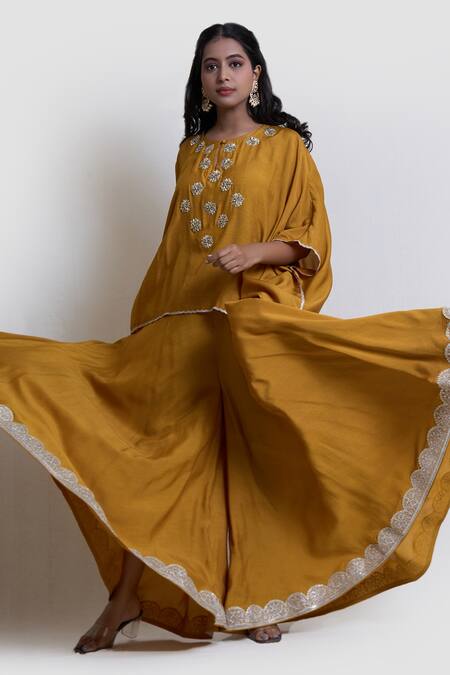 Buy_Brij_Yellow Spun Silk Embroidered Zardozi Round Cape And Pant Set _Online_at_Aza_Fashions