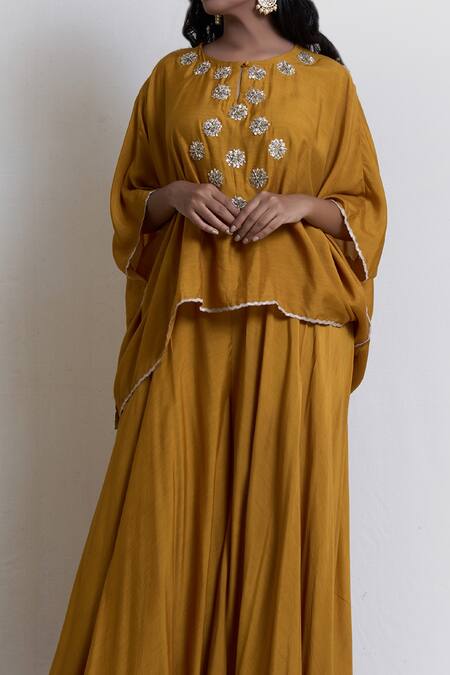 Shop_Brij_Yellow Spun Silk Embroidered Zardozi Round Cape And Pant Set _Online_at_Aza_Fashions