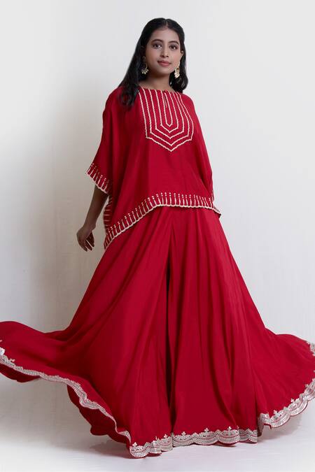 Buy_Brij_Red Silk Embroidery Scalloped Hem Cape And Flared Pant Set _Online_at_Aza_Fashions