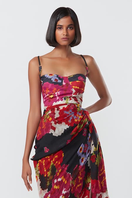 Saaksha & Kinni Black Chiffon, Cotton Satin Sweetheart Neck Floral Print Draped Dress Online at Aza Fashions Saaksha & Kinni_Black Chiffon, Cotton Satin Sweetheart Neck Floral Print Draped Dress _Online_at_Aza_Fashions