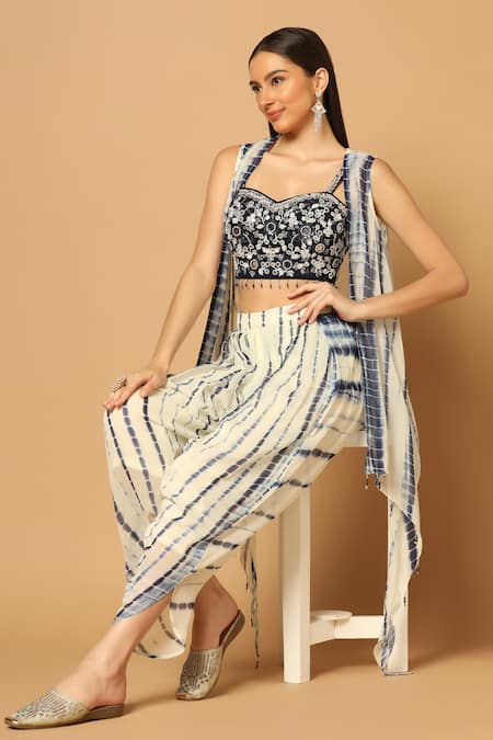 Shop_Two Sisters By Gyans_Blue Georgette Beads, Sequins Sweetheart Neck Tie Dye Cape And Dhoti Pant Set 