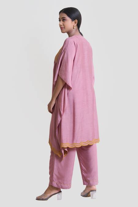 Shop Brij Pink Spandex Applique, Pearls V-neck Kantha Embroidered Kaftan And Pant Set Online at Aza Fashions Shop_Brij_Pink Spandex Applique, Pearls V-neck Kantha Embroidered Kaftan And Pant Set _Online_at_Aza_Fashions