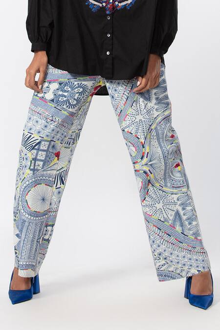 Saaksha & Kinni_Blue Denim Print Mandala Doodle Jeans_Online_at_Aza_Fashions