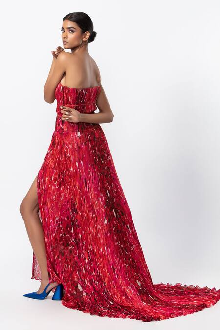Saaksha & Kinni_Red Chiffon Print Abstract Floral Straight Neck Flower Gown_Online_at_Aza_Fashions