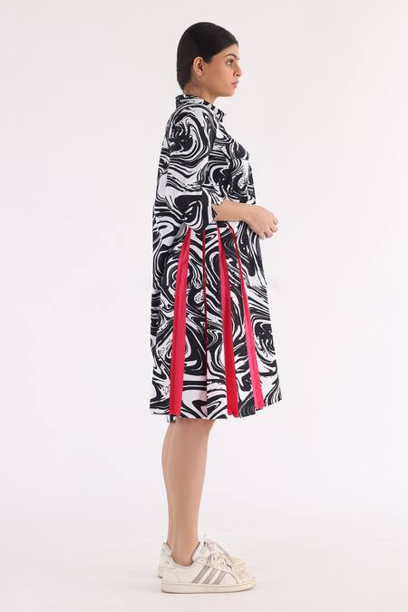 Buy_Studio Moda India_Black Cotton Embroidery Shawl Neck The Drift Marble Print A-line Dress_Online_at_Aza_Fashions