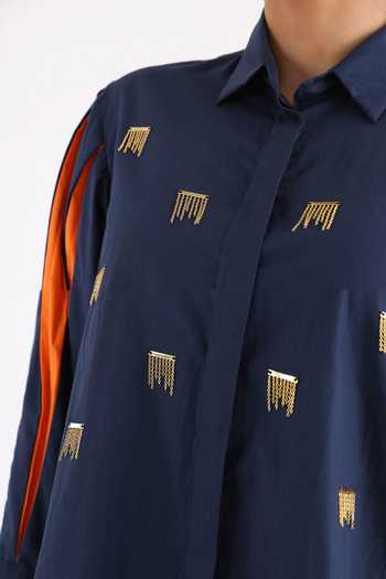 Buy_Studio Moda India_Blue Cotton Chains Collared Pleated Sleeve Flow Dress _Online_at_Aza_Fashions
