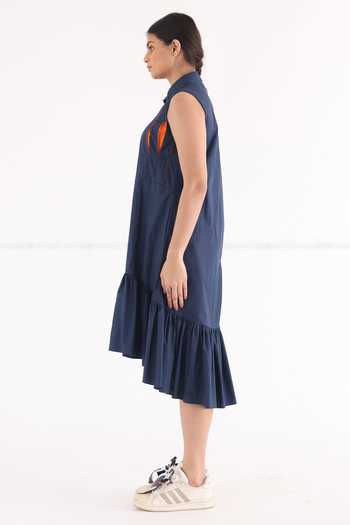Studio Moda India_Blue Cotton Collared Asymmetric Hem Woven Shirt Dress _Online_at_Aza_Fashions