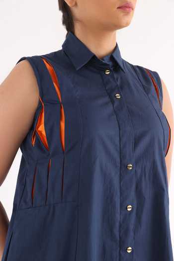 Shop_Studio Moda India_Blue Cotton Collared Asymmetric Hem Woven Shirt Dress _Online_at_Aza_Fashions