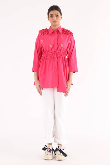 Studio Moda India_Pink Cotton Chains Collared Sway Work Shoulder Shirt _Online_at_Aza_Fashions