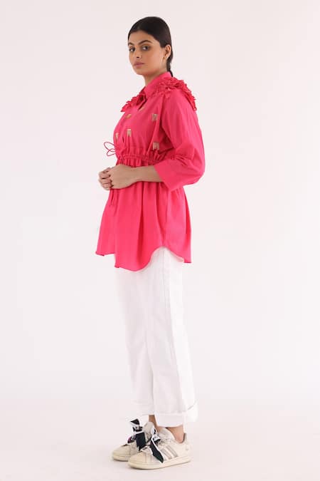 Buy_Studio Moda India_Pink Cotton Chains Collared Sway Work Shoulder Shirt _Online_at_Aza_Fashions