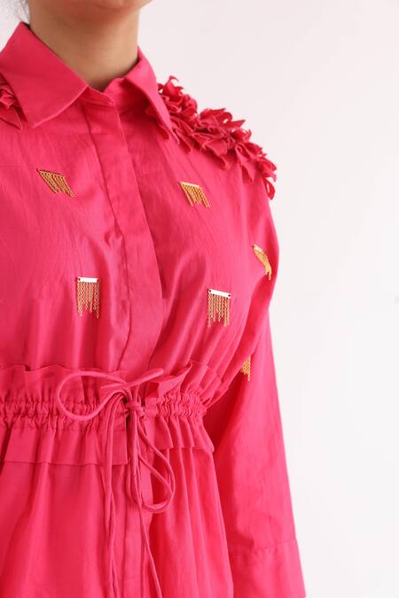 Shop_Studio Moda India_Pink Cotton Chains Collared Sway Work Shoulder Shirt _Online_at_Aza_Fashions