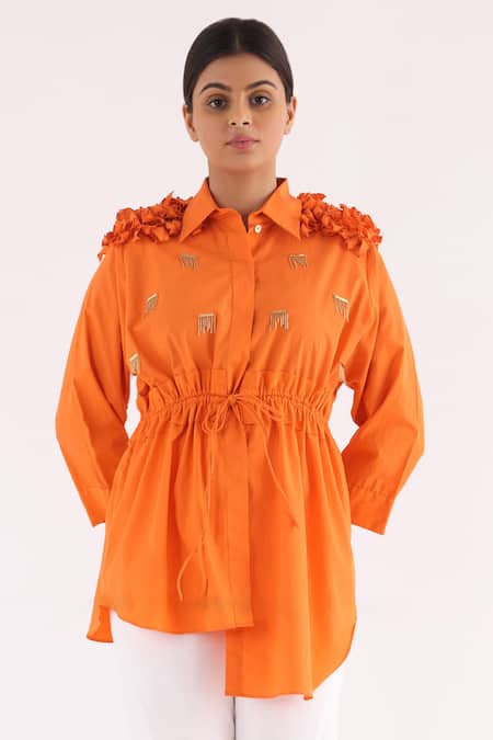Studio Moda India_Orange Cotton Chains Collared Sway Work Tie-up Shirt _Online_at_Aza_Fashions