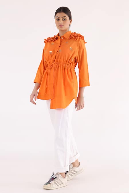 Buy_Studio Moda India_Orange Cotton Chains Collared Sway Work Tie-up Shirt _Online_at_Aza_Fashions