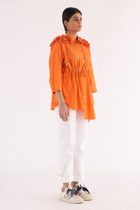 Shop_Studio Moda India_Orange Cotton Chains Collared Sway Work Tie-up Shirt _Online_at_Aza_Fashions