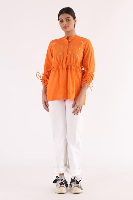 Buy_Studio Moda India_Orange Cotton Chains Mandarin Collar Drawstring Detailed Shirt _Online_at_Aza_Fashions