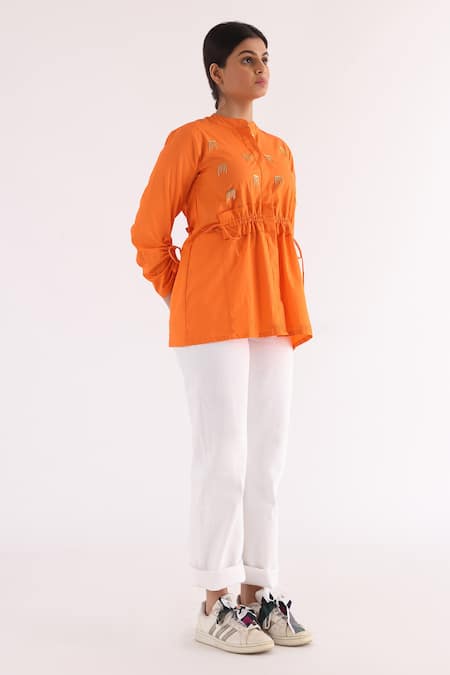 Studio Moda India_Orange Cotton Chains Mandarin Collar Drawstring Detailed Shirt _at_Aza_Fashions