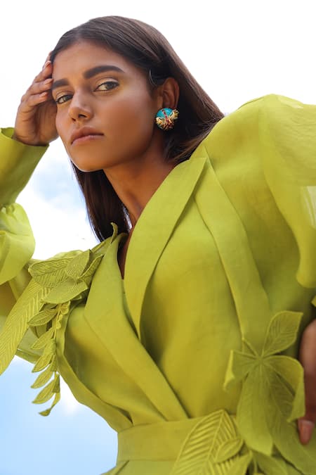 Richa Khemka_Green Organza, Modal, Taffeta Embroidery Lime Applique Work Trench Dress _Online_at_Aza_Fashions