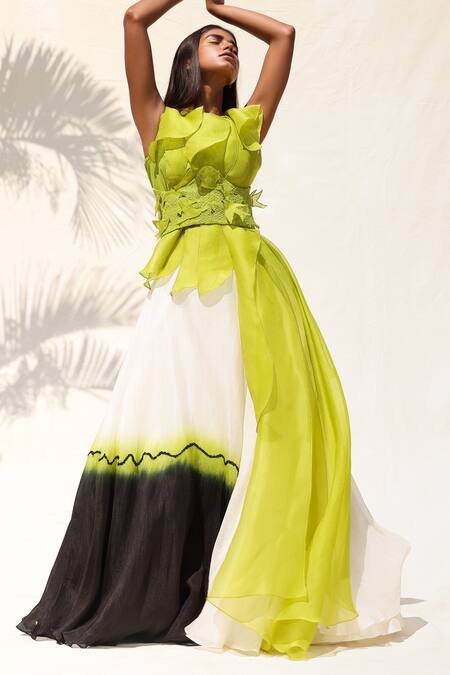 Richa Khemka_Green Organza Cut And Applique Bird Grove Ruffle Overlay & Skirt Set _Online_at_Aza_Fashions