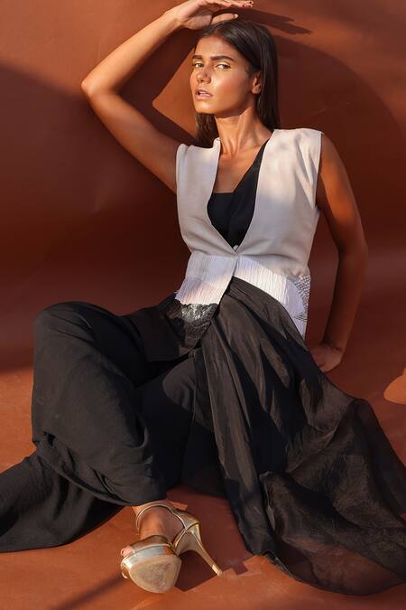 Richa Khemka Beige Bamboo, Spandex, Georgette, Taffeta Rafia Gilet Jacket And Twill Pant Set Online at Aza Fashions Richa Khemka_Beige Bamboo, Spandex, Georgette, Taffeta Rafia Gilet Jacket And Twill Pant Set _Online_at_Aza_Fashions