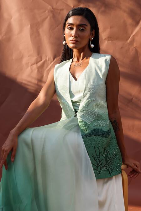 Richa Khemka Beige Organza, Modal, Taffeta, Bamboo, Satin, Birch Gilet Jacket Sharara Set Online at Aza Fashions Richa Khemka_Beige Organza, Modal, Taffeta, Bamboo, Satin, Birch Gilet Jacket Sharara Set _Online_at_Aza_Fashions