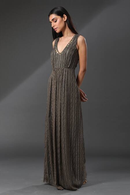 Zeefaa_Gold Chiffon Sequins Plunge V Neck Metallic Embellished Gown_Online_at_Aza_Fashions