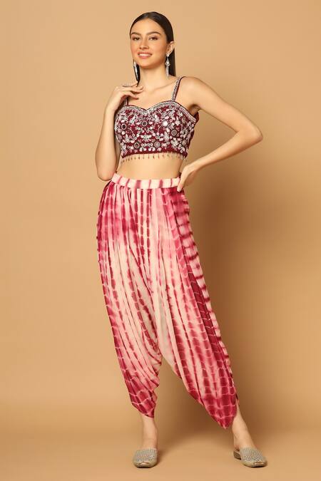 Buy_Two Sisters By Gyans_Maroon Georgette Beads, Sequins Tie Dye High Low Hem Cape And Dhoti Pant Set _Online_at_Aza_Fashions
