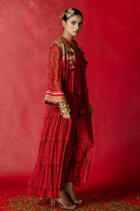 Pooja-Keyur_Brown Cotton Silk Paisley Print V Neck Jumpsuit_Online_at_Aza_Fashions