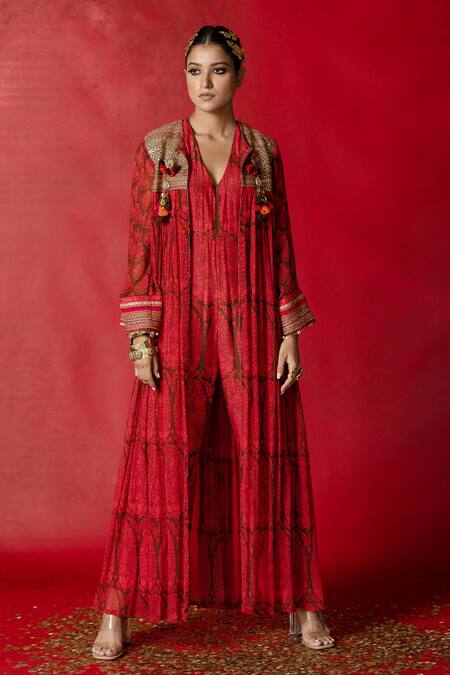 Buy_Pooja-Keyur_Brown Cotton Silk Paisley Print V Neck Jumpsuit_Online_at_Aza_Fashions