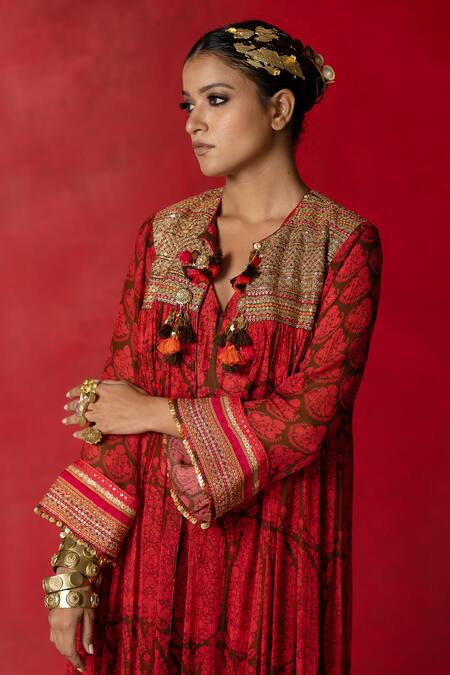 Pooja-Keyur_Brown Cotton Silk Paisley Print V Neck Jumpsuit_at_Aza_Fashions