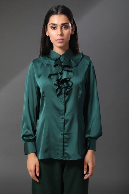 Buy_Zeefaa_Green Silk Collared Neck Ruffle Shirt And Pant Set_Online_at_Aza_Fashions