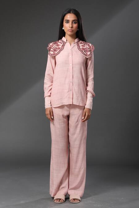 Buy_Zeefaa_Pink Melbourne Cotton Floral Motifs Collared Neck Extended Shirt And Pant Set_Online_at_Aza_Fashions