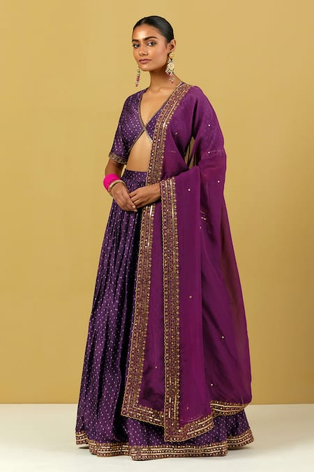 Ikshita Choudhary_Purple Chanderi Silk, Tissue Embroidery, Sequins Bandhani Print Lehenga Set _Online_at_Aza_Fashions