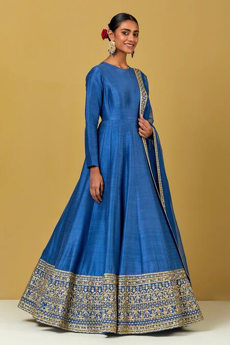 Buy Ikshita Choudhary Blue Silk, Organza Embroidery Round Neck Hand Anarkali With Dupatta Online at Aza Fashions Buy_Ikshita Choudhary_Blue Silk, Organza Embroidery Round Neck Hand Anarkali With Dupatta _Online_at_Aza_Fashions