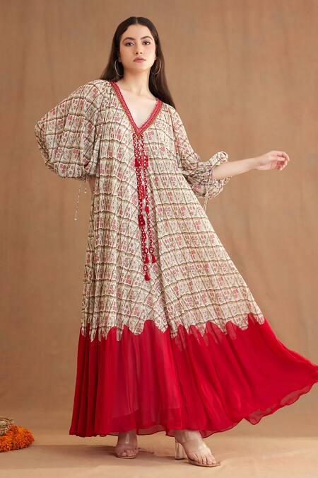 Nikasha Red Viscose Sequins, Mirrors Plunge Neck Mughal Print Dress Online at Aza Fashions Nikasha_Red Viscose Sequins, Mirrors Plunge Neck Mughal Print Dress _Online_at_Aza_Fashions