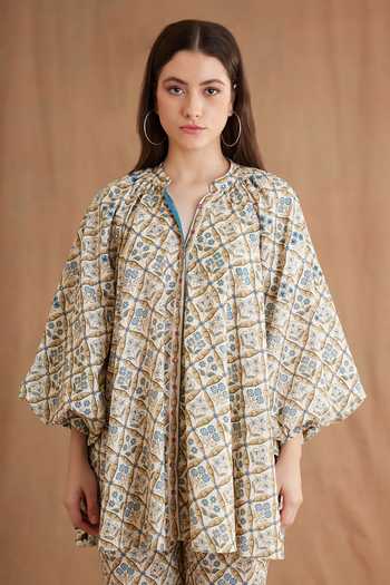 Buy_Nikasha_Blue Cotton Embroidery, Sequins Mandarin Collar Mughal Print Shirt And Pant Set _Online_at_Aza_Fashions