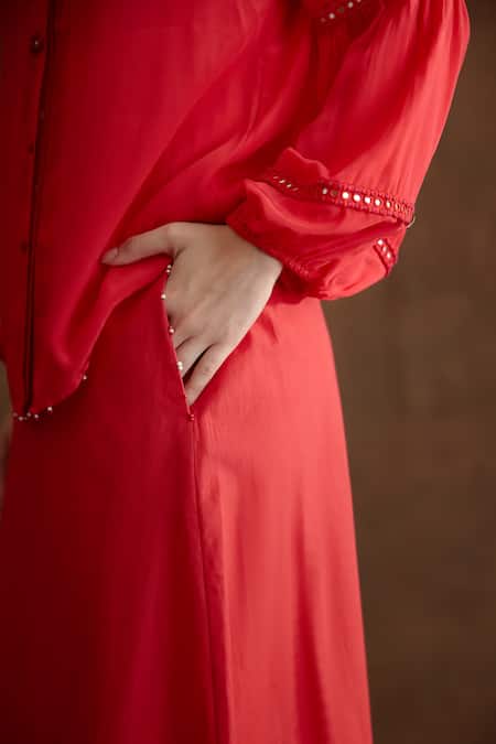 Nikasha_Coral Viscose, Cotton Beads Neckline Embroidered Shirt And A-line Skirt Set _Online_at_Aza_Fashions