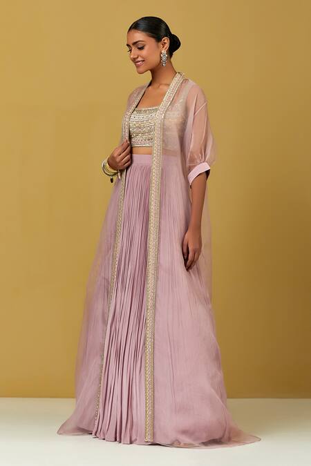 Buy_Ikshita Choudhary_Purple Organza, Crepe, Chanderi Silk Embroidery Open Neck Sheer Cape And Skirt Set _Online_at_Aza_Fashions