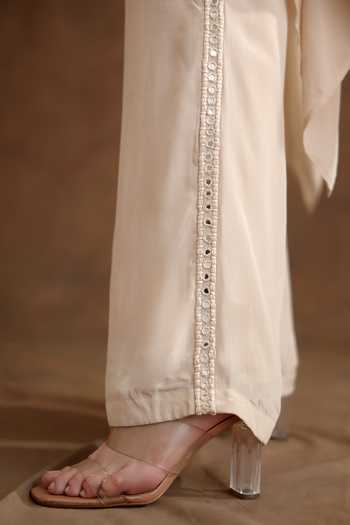 Nikasha_Cream Viscose Embroidery Neckline Cape And Wide Leg Pant Set _Online_at_Aza_Fashions