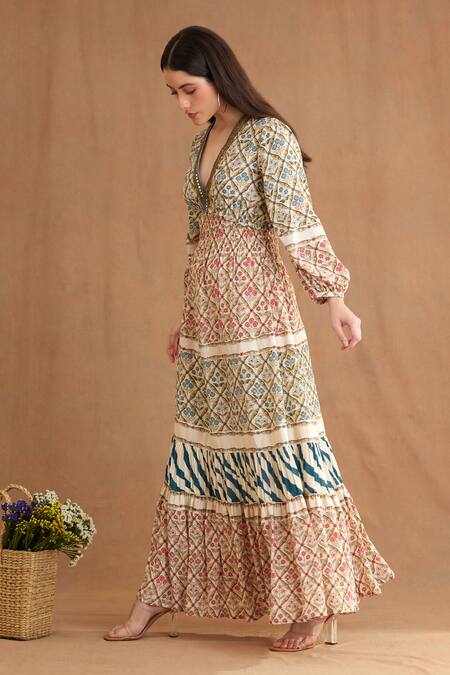 Nikasha Blue Viscose, Georgette Sequins V-neck Mughal Print Tiered Dress Online at Aza Fashions Nikasha_Blue Viscose, Georgette Sequins V-neck Mughal Print Tiered Dress _Online_at_Aza_Fashions