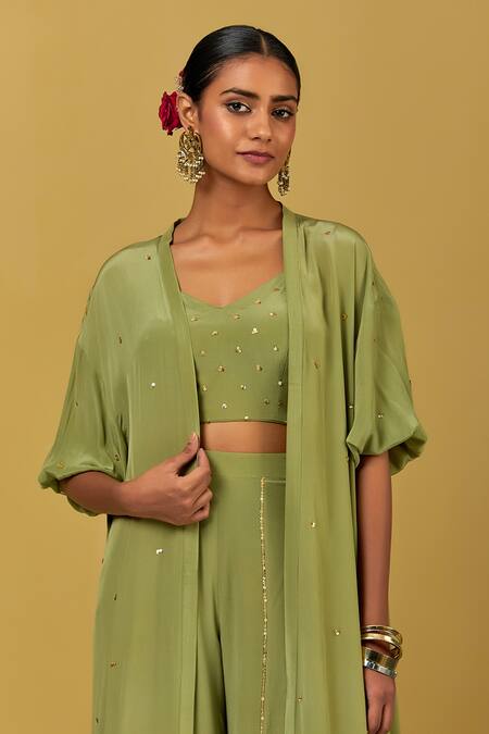 Buy Ikshita Choudhary Green Crepe Sequins V-neck Work Cape And Palazzo Set Online at Aza Fashions Buy_Ikshita Choudhary_Green Crepe Sequins V-neck Work Cape And Palazzo Set_Online_at_Aza_Fashions