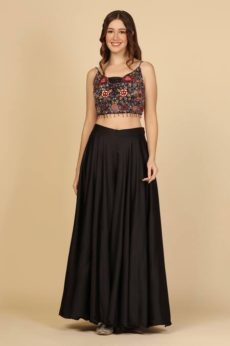 Two Sisters By Gyans_Black Satin Beads Asymmetric Border Embroidered Sheer Cape And Sharara Set _Online_at_Aza_Fashions