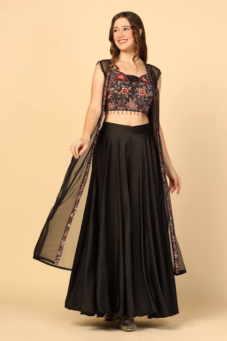 Buy_Two Sisters By Gyans_Black Satin Beads Asymmetric Border Embroidered Sheer Cape And Sharara Set _Online_at_Aza_Fashions