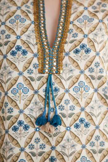 Buy_Nikasha_Blue Cotton Sequins, Mirrors Split V-neck Placket Embroidered Kurta And Pant Set _Online_at_Aza_Fashions