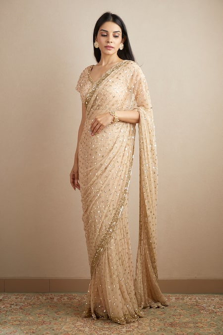 ASTHA NARANG_Peach Net, Crepe Sequins, Embroidery Scoop Neck Sitara Saree With Blouse _Online_at_Aza_Fashions