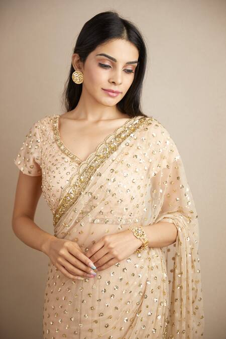 Shop_ASTHA NARANG_Peach Net, Crepe Sequins, Embroidery Scoop Neck Sitara Saree With Blouse _Online_at_Aza_Fashions