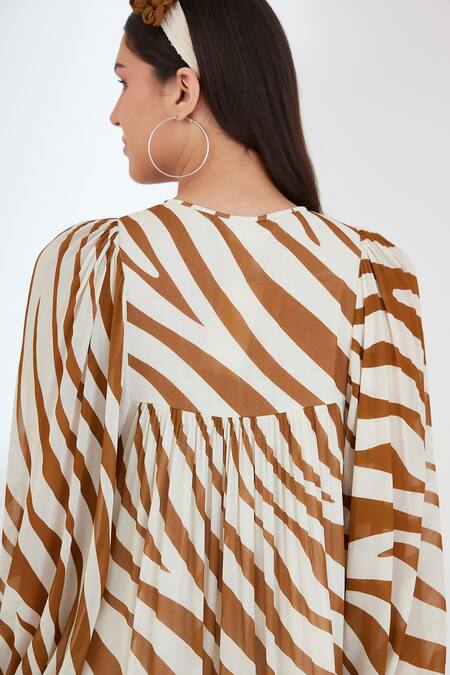 Nikasha_Brown Viscose, Georgette Keyhole Neck Animal Print Midi Dress _Online_at_Aza_Fashions