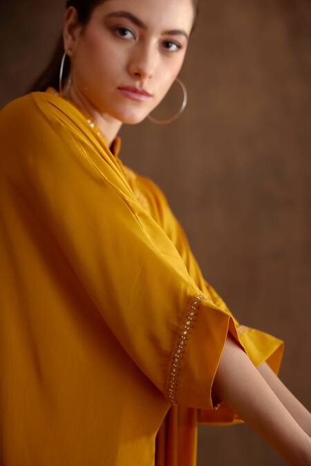 Nikasha Yellow Viscose Embroidery, Mirrors Keyhole Neck Yoke Kaftan Dress Online at Aza Fashions Nikasha_Yellow Viscose Embroidery, Mirrors Keyhole Neck Yoke Kaftan Dress _Online_at_Aza_Fashions