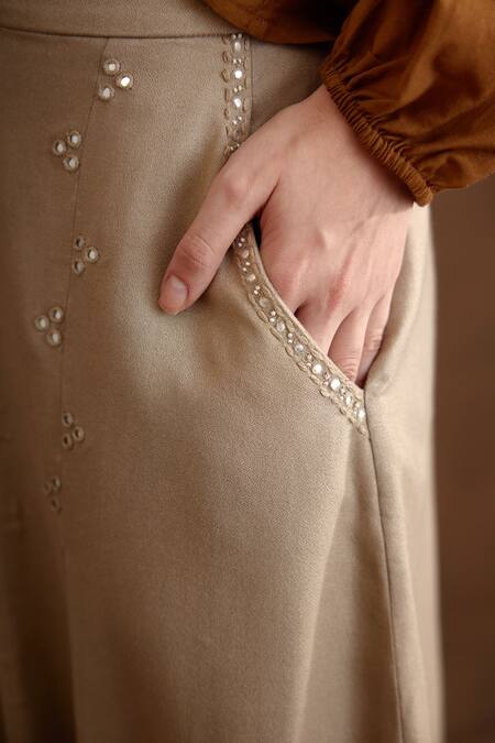 Nikasha_Beige Rayon Embroidery Placement Baggy Pant _Online_at_Aza_Fashions